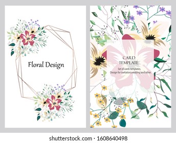 Hand drawn vector cards with flowers,leaves and geometric. Botanic  Design for banner, wedding, poster, invitation, cover, placard, brochure, header.