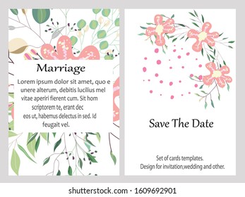 Hand drawn vector cards with flowers,leaves. Botanic  Design for banner, wedding, poster, invitation, cover, placard, brochure, header.