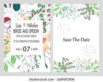 Hand drawn vector cards with flowers,leaves. Botanic  Design for banner, wedding, poster, invitation, cover, placard, brochure, header.