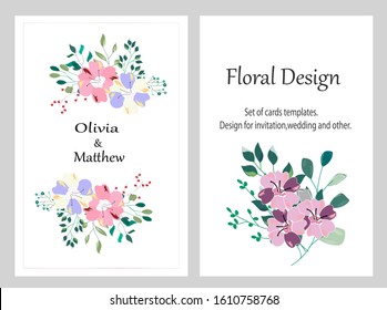 Hand drawn vector cards with flowers,leaves. Botanic  Design for banner, wedding, poster, invitation, cover, placard, brochure, header.