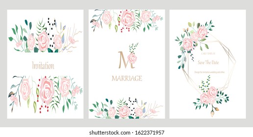 Hand drawn vector cards with flowers,leaves and geometric. Botanic  Design for banner, wedding, poster, invitation, cover, placard, brochure, header.