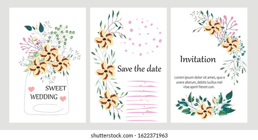 Hand drawn vector cards with flowers,leaves. Botanic  Design for banner, wedding, poster, invitation, cover, placard, brochure, header.