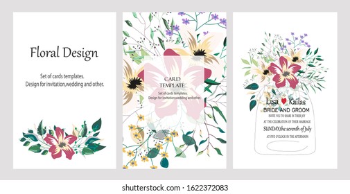 Hand drawn vector cards with flowers,leaves. Botanic  Design for banner, wedding, poster, invitation, cover, placard, brochure, header.