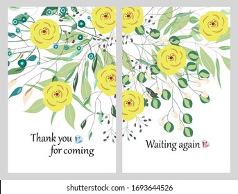 Hand drawn vector cards with flowers,leaves. Botanic  Design for banner, wedding, poster, invitation, cover, placard, brochure, header.