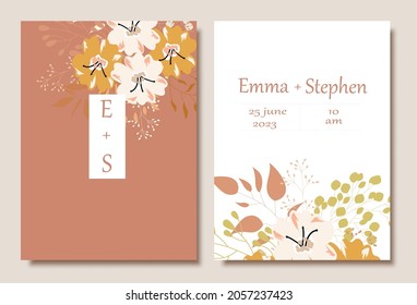 Hand drawn vector cards with flowers,leaves. Botanic  Design for banner, wedding, poster, invitation, cover, placard, brochure, header.