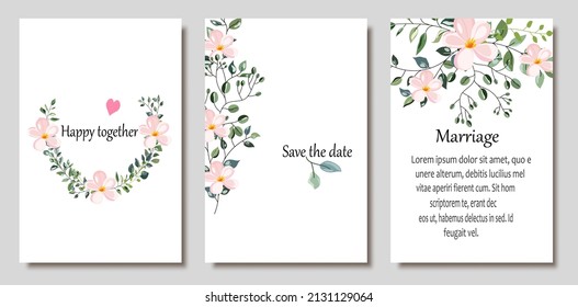 Hand drawn vector cards with flowers,leaves. Botanic  Design for banner, wedding, poster, invitation, cover, placard, brochure, header.