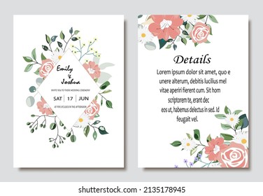Hand drawn vector cards with flowers,leaves. Botanic  Design for banner, wedding, poster, invitation, cover, placard, brochure, header.