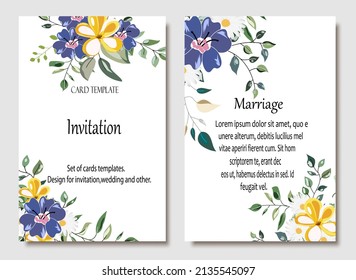 Hand drawn vector cards with flowers,leaves. Botanic  Design for banner, wedding, poster, invitation, cover, placard, brochure, header.