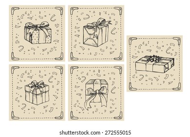 Hand drawn vector cards with illustration - Magic gift boxes. Vintage.