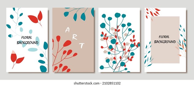 Tarjetas vectoriales dibujadas a mano con hojas. Diseño botánico para banner, boda, afiche, invitación, portada, cartel, folleto, cabecera.