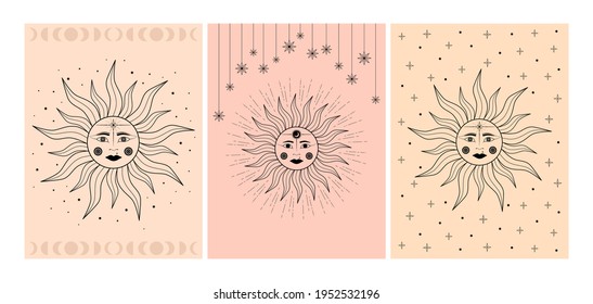 Hand drawn vector cards set of mystical Sun with woman`s face, star in line art. Spiritual symbol celestial space. Magic talisman, antique style, vintage, tattoo. Astrology, astronomy illustration