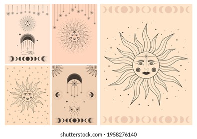 Hand drawn vector cards set of mystical Sun with woman`s face, star in line art. Spiritual symbol celestial space. Magic talisman, antique style, vintage, tattoo. Astrology, astronomy illustration