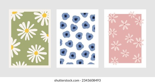 Hand drawn vector cards set with cute wildflowers. Lovely floral posters. Blooming collection of charming postcards for spring and summer designs, prints. Trendy flat illustration