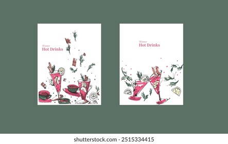 Hand drawn vector cards for winter hot drinks