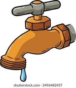 Hand Drawn Vector Cartoon Brass Faucet With Water Dripping