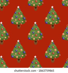 Hand drawn vector cartoon christmas tree in a pot, seamless red christmas pattern