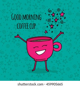 Hand drawn vector cartoon coffee smiling cup on colorful yellow background. Decorated with red stars and doodles.