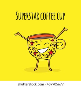 Hand drawn vector cartoon coffee smiling cup on colorful yellow background. Decorated with red stars and doodles.