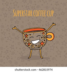 Hand drawn vector cartoon coffee smiling cup on brown background. Decorated with red stars and doodles.