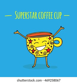 Hand drawn vector cartoon coffee smiling cup on colorful yellow background. Decorated with red stars and doodles.