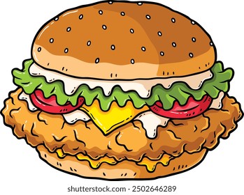 Hand Drawn Vector Cartoon Crispy Chicken Burger With Mayo Tomato Cheese Mustard And Lettuce