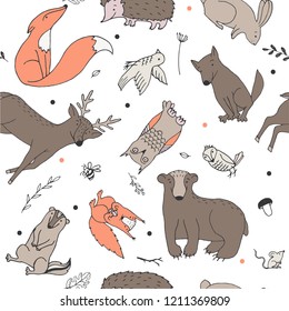 Hand drawn vector cartoon doodle animal seamless pattern. Repeated forest animal illustrations on the white background