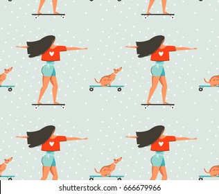 Hand drawn vector cartoon drawing summer time fun seamless pattern illustration with young girl riding on longboard and dog on skateboard isolated on blue background.