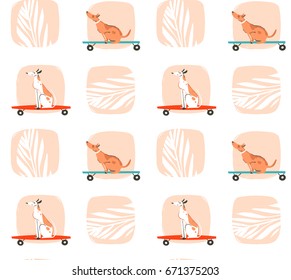 Hand drawn vector cartoon drawing summer time fun seamless pattern illustration with riding dogs on skateboards and long boards isolated on white background