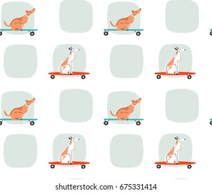 Hand drawn vector cartoon drawing summer time fun seamless pattern illustration with riding dogs on skateboards and long boards isolated on white background