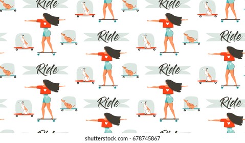Hand drawn vector cartoon drawing summer time fun seamless pattern illustration with young girl riding on long board and dog on skateboard isolated on white background.