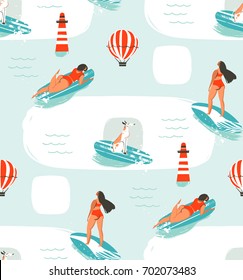 Hand drawn vector cartoon drawing summer time fun seamless pattern illustration with riding dogs and girls on surfboard isolated on blue background