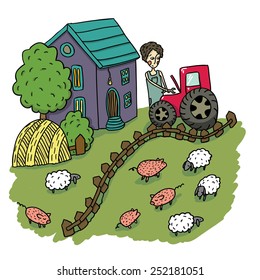 Hand Drawn Vector Cartoon Farm with the Farmer fixing Tractor, Pigs and Sheep
