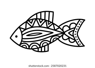 Hand drawn vector cartoon fish linear illustration isolated on white. Bold coloring page for kids