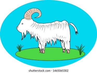 Hand drawn vector cartoon goat on green grass on oval blue background. Ideally suits for goat farms goat diary products. Can be placed on logo. Goat milk & diary products concept.