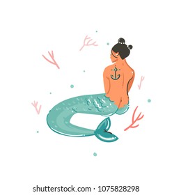 Hand drawn vector cartoon graphic summer time underwater illustration with coral and mermaid character isolated on white background.
