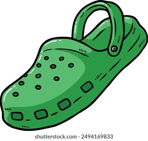 Hand Drawn Vector Cartoon Green Clog Footwear Slides