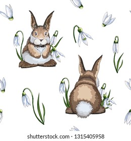 Hand drawn vector cartoon halftone flat creative universal Easter seamless pattern design with hares or rabbits in pastel colors isolated on white background. Spring unusual graphic decoration.