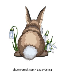 Hand drawn vector cartoon halftone flat creative universal Easter print art design with hare or rabbit back in pastel colors isolated on white background. Spring unusual graphic clip-art artwork
