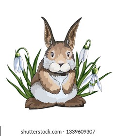 Hand drawn vector cartoon halftone flat creative universal Easter print art design with hare or rabbit in pastel colors isolated on white background. Spring unusual graphic clip-art artwork