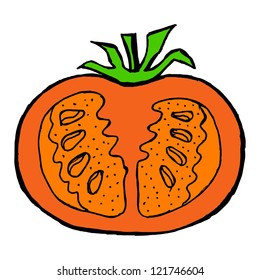 Hand drawn, vector, cartoon illustration of cutting tomato
