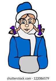 Hand drawn, vector, cartoon illustration of snowgirl