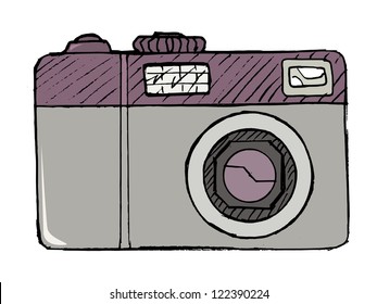hand drawn, vector, cartoon illustration of digital photo camera