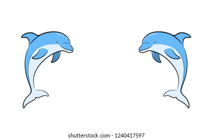 A hand drawn vector cartoon illustration of twin blue dolphins facing each other