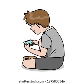 A hand drawn vector cartoon illustration of an young teenager playing video game on his smartphone