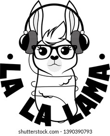 Hand drawn vector cartoon illustration ink lama with glasses and headphones. Text "LA LA LAMA"