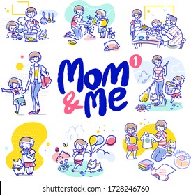 Hand drawn vector cartoon illustration of mother and kid, doing various activities together.