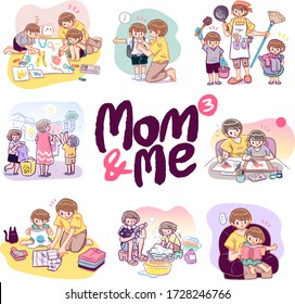 Hand drawn vector cartoon illustration of mother and kid, doing various activities together.