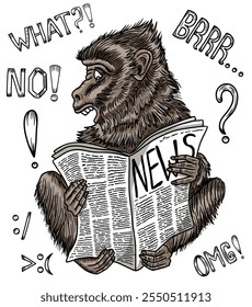 Hand drawn vector cartoon illustration of funny primate surprised to read the news and trendy text phrases, words and emoji isolated. Clip art, card  or poster of comic animals reading a newspaper