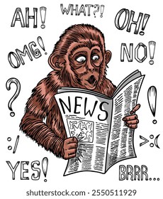 Hand drawn vector cartoon illustration of funny primate surprised to read the news and trendy text phrases, words and emoji isolated. Clip art, card  or poster of comic animals reading a newspaper