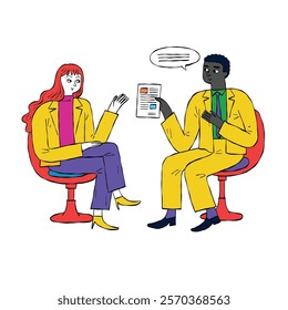 Hand drawn vector cartoon illustration of an employee or salesperson presenting information to the boss.